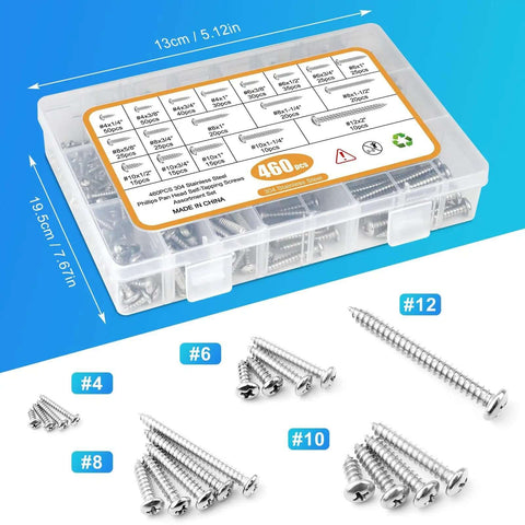 460Pcs Stainless Steel Wood Screws Kit With 18 Sizes Self Tapping Pan Head Screws for wood deck drywall concrete assortment in box