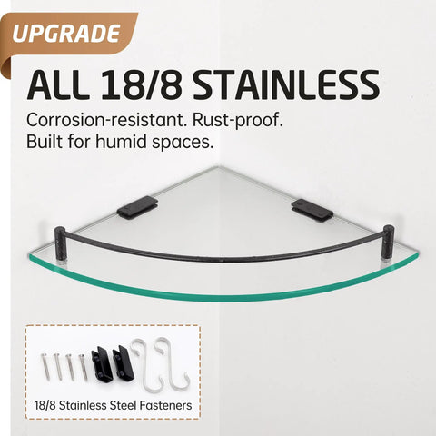 Tempered Glass Corner Shelf With Rail Mount Two Pack No Fuss Rustproof Matte Black Stainless Steel 304 Wall Shelf 7mm Thick Glass