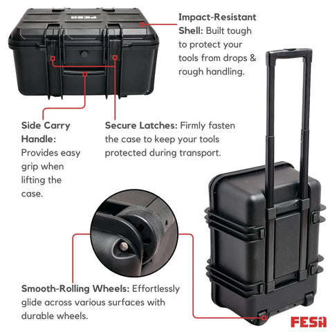 Master Electrician Insulated Tool Set With 50 Knuckle Buster Pliers And Screwdrivers Inside a black rolling case showing impact-resistant shell.