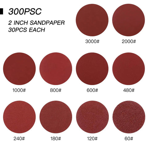 2 Inch Sanding Disc Pad Kit For Drill Sander With Hook And Loop Backer Plate, 300 Pcs Of Discs In Grits 60 To 3000