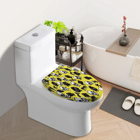 Elongated Toilet Seat for Bathroom with yellow skull design on a standard toilet, 18.5 inches long, modern bathroom decor.