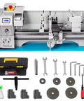 Mini metal lathe 8.7 x 23.6 in with LED display; 1100W variable speed; includes wrenches, gears, bits, oil bottle, case