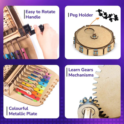DIY Music Machine Kit For Kids Ages 8 To 14 A Fun Kid Approved Hands On Build It Yourself Musical Toy That Plays Melodies Includes Step By Step Guide Easy To Assemble And Great For Boys And Girls For Hours Of Creative Play., wooden music machine kit with colorful metallic plate, handle, peg holder, and gears