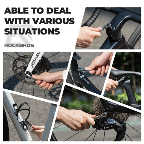 Portable Bike Multitool With 7 Magnetic Bits, Ratchet Wrench and CO2 Inflator Nozzle shown fixing various bike parts