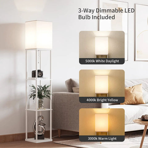 Floor Lamp With Shelves Modern Square Standing Shelf Light For Living Room Or Bedroom Three Color Temperature LED Bulb Warm Neutral Cool