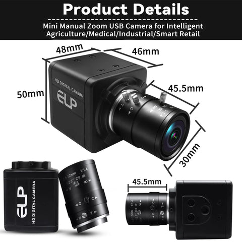 USB Global Shutter Camera Featuring 800P Monochrome Sensor, Ridiculously Smooth 120 To 640 Fps Ultra Slow Motion Video, Tight Snappy Framing For PC Systems And Labs with zoom lens and dimensions.