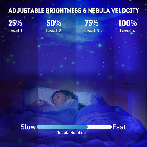 Child sleeping under starry nebula projector night light with remote and timer for ceiling and wall projection, 17 modes.
