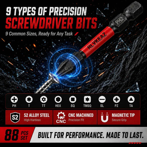 Real Deal 88 Piece Impact Driver And Magnetic Screwdriver Bit Set Tough Build S2 Steel precision screwdriver bit with magnetic tip.