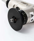 Front view of a silver pneumatic air chamfer tool with black grinding disc and adjustable dial