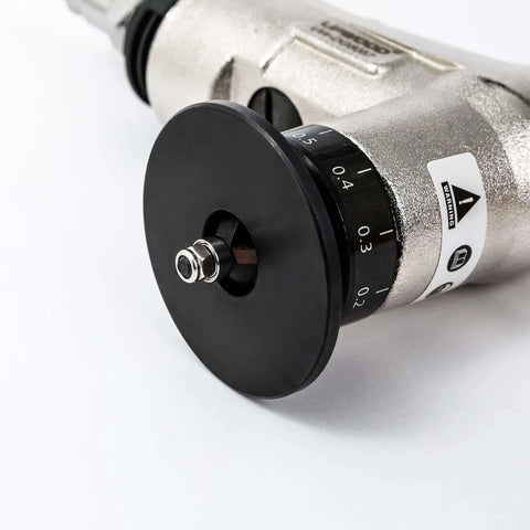 Front view of a silver pneumatic air chamfer tool with black grinding disc and adjustable dial