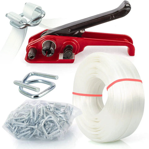 Top Shelf Straight Up Heavy Duty Packing Strapping Kit With 3/4 Inch Polyester Cord Roll 320 Feet Length 2000 Lbs Break Strength metal buckles and hand tensioner