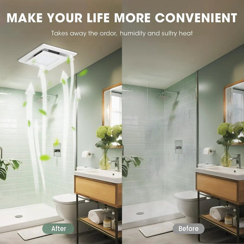 Two In One Bathroom Exhaust Fan With LED Light installed, illustrating ultra quiet ventilation and air circulation in bathroom.