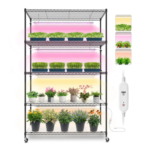 Beast 5 Tier Indoor Plant Stand With Grow Lights Long Forty Seven Inch 71 Inch High Plant Shelf holding various plants