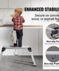 Foldable Aluminum Work Platform 30 by 12 by 20 Inches, Heavy Duty Stool Ladder With 330 Lb Load Capacity, Non Slip Feet, Perfect For Vehicle Washing, Cleaning, Painting, Decorating, And Home Projects. Child standing on aluminum platform with non-slip feet