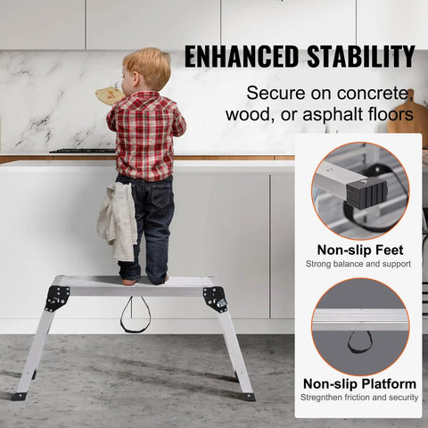 Foldable Aluminum Work Platform 30 by 12 by 20 Inches, Heavy Duty Stool Ladder With 330 Lb Load Capacity, Non Slip Feet, Perfect For Vehicle Washing, Cleaning, Painting, Decorating, And Home Projects. Child standing on aluminum platform with non-slip feet