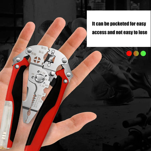 Heavy Duty Foldable Wire Strippers 16 In 1 Electrician Pliers in hand, showcasing compact steel design for easy access.