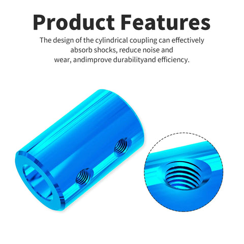 Blue 6.35mm To 10mm Bore Shaft Coupler For 3D Printers And Motors Aluminum Alloy L25xD16 with set screws shown close-up
