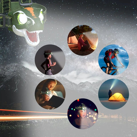 Collage showing kids using Kid Friendly LED Headlamp for Outdoor Adventures With Roar And Silent Modes Lightweight ThreePointFourOunce Battery Included Non Rechargeable