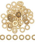 Get Your Hands On 50pcs M5x10x1 Brass Copper Flat Washer Sealing Kit, Awesome Metric Ring Gaskets For Rock Solid Electrical Connections And Heavy Duty Hardware Fastening Projects. Brass M5 flat washers, 10mm outer, 1mm thick, shown grouped on white