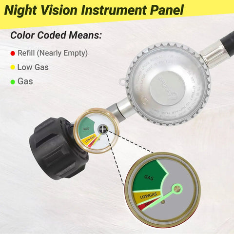 2 Feet Propane Hose With Regulator And Gauge For Low Pressure LP Gas Grills Patio Heaters And Fire Pits Three Eighths Inch Female Flare Fitting Brass Luminous Dial High Quality Braided Hose showing night vision instrument panel and color-coded gas level.
