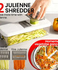 Front view of white 8-in-1 vegetable chopper with transparent container and julienne blades (coarse and fine)