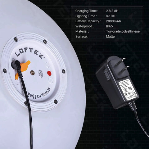 Back of 12 Inch LED Dimmable Light Ball That Floats For Pool And Home Use With Remote 16 Color RGB Waterproof Night Light showing charging port and plug