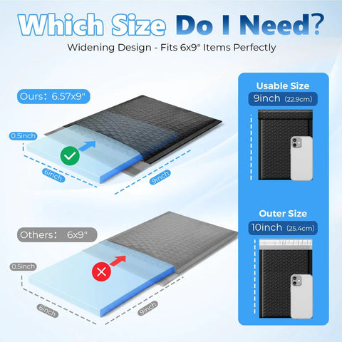 Comparison of Extra Deep Bubble Mailers 6x9 Usable Size 50 Pack Padded Envelopes measuring outer 6.57x10 inches.