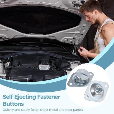 Man installing 10 Count Slick Self Ejecting Button Clips And Dzus Quarter Turn Quick Release Fasteners Galvanized Spring Back Hardware.