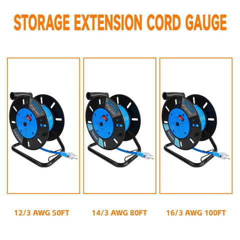 Heavy Duty Extension Cord Reel With Four Grounded Outlets And 10A Circuit Breaker, Retractable Wind, displayed in 3 sizes