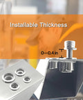 Heavy Duty Rivet Nut Tool Kit For Easy Installation Hand Riveter With Drill Bit And M6 Rivet Nuts Includes Flat Head Screws DIY Friendly Durable Steel Construction Corrosion Resistant Perfect For Automotive Marine And Home Projects showing installable thickness of 0-0.4 inches with rivet nuts and screws.