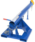 Heavy Duty Orbital Telescoping Boom Lift 4000 Pound Capacity Smooth Swivel Base, blue metal frame with lever and chains.