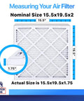 MERV 8 Pleated Air Filter 15.5 x 19.5 x 2 In measurement guide showing nominal and actual sizes for HVAC systems.