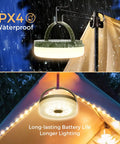Rechargeable 32.8ft Camping String Lights With 8 Modes Waterproof Portable LED Lamp, shown hanging on a tent in the rain.