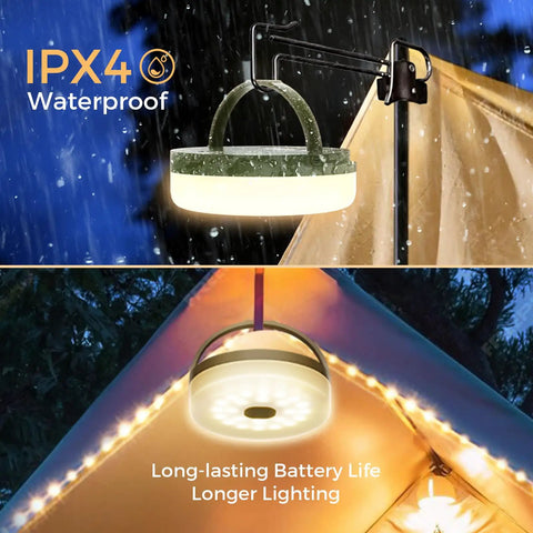 Rechargeable 32.8ft Camping String Lights With 8 Modes Waterproof Portable LED Lamp, shown hanging on a tent in the rain.