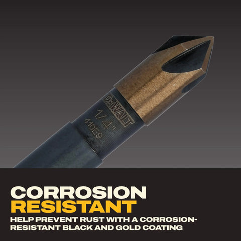 DEWALT countersink drill bit with black and gold coating, close-up view