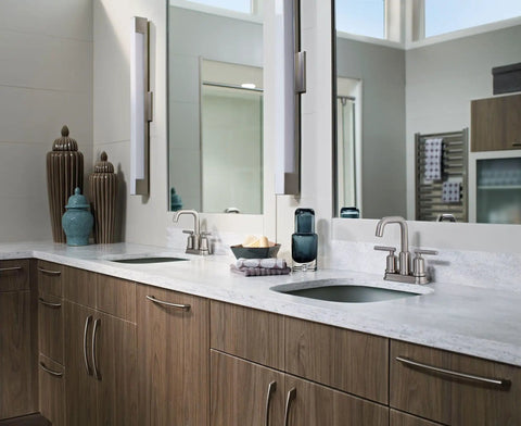 Two-Handle High Arc Bathroom Faucet In Spot Resist Brushed Nickel Finish in modern bathroom with double sink setup