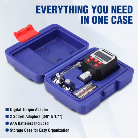 Digital Torque Adapter For Half Inch Drive With Buzzer Alert kit in blue case, 3/8 and 1/4 adapters