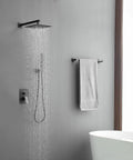 Black Square Shower System With 10 Inch Rainfall Shower Head, Dual Function Wall Mount Mixer, Handheld Shower, bathroom view