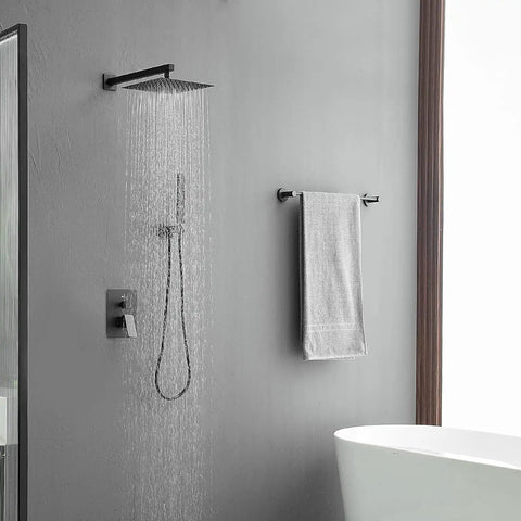 Black Square Shower System With 10 Inch Rainfall Shower Head, Dual Function Wall Mount Mixer, Handheld Shower, bathroom view