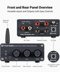 Front and rear view of Bluetooth Stereo Amplifier 100W Per Channel, showing input, output, and control knobs for passive speakers