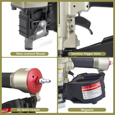 Close-up of CN70 Pneumatic Coil Nailer, showing wear-resistant muzzle, trigger valve, air coupler, and magazine details.