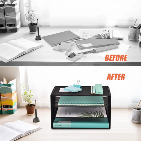 Before and after desk organization with Three Tier Mesh Desk Organizer Tray That Keeps Your Desk Neat For Files Folders And Mail Sorting