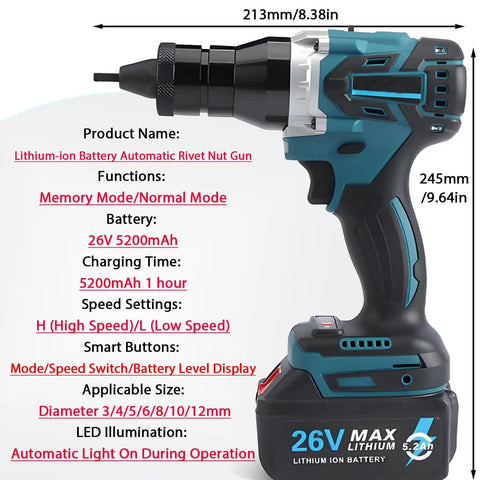 Cordless Rivet Nut Tool Kit With Electric Pop Rivet Gun showing product dimensions and features, battery powered, no cables needed.