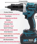 Cordless 26V Electric Rivet Nut Gun Tool Kit With Battery Power And Gear Adjustment For Roofers, features lithium-ion battery and smart panel.