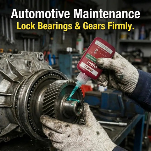 Mechanic applying Beefy Heavy Duty Cylindrical Retaining Compound For Shafts Gears And Bushings Low Viscosity Anaerobic Glue