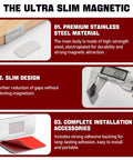 Ultra Thin Magnetic Cabinet Door Catch Set, 14 Pack Adhesive Drawer Latch showing premium steel, slim design, and adhesive.