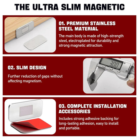 Ultra Thin Magnetic Cabinet Door Catch Set, 14 Pack Adhesive Drawer Latch showing premium steel, slim design, and adhesive.