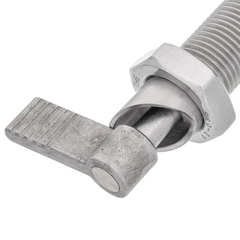 Close-up of Built Like A Tank Stainless Steel Indexing Plunger With M16 X 1.5 Thread Retractable Lever Locking Bolt for machine fixtures.