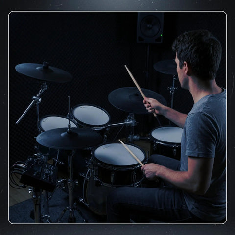 Man playing on an electronic drum kit with a focus on the 20x12 Kick Pad With Acoustic Wood Shell Single Zone Trigger Adjustable Tension