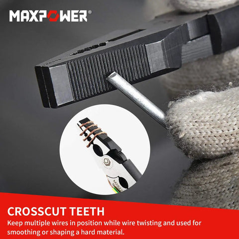Close-up of 8 Inch Multifunction Pliers Set showing crosscut teeth and wire stripping feature on heavy duty 60CRV steel.